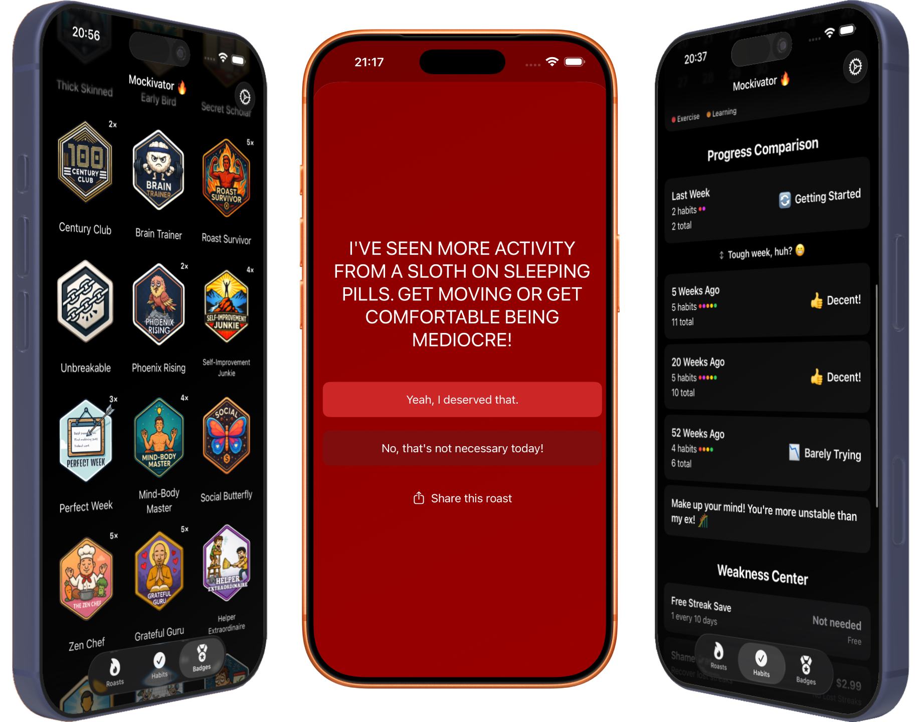 Mockivator — app screens showing habits, streaks, and daily roasts